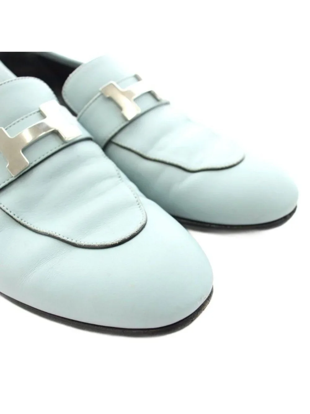 Hermes Moccasin Paris Loafers Leather Logo Chunky Heels 36.5 Light Blue